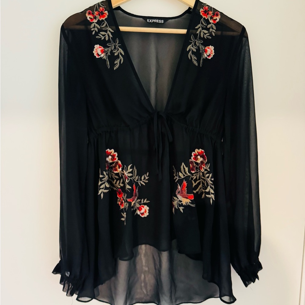 Express Sheer Black Top with Red Floral Embroidery